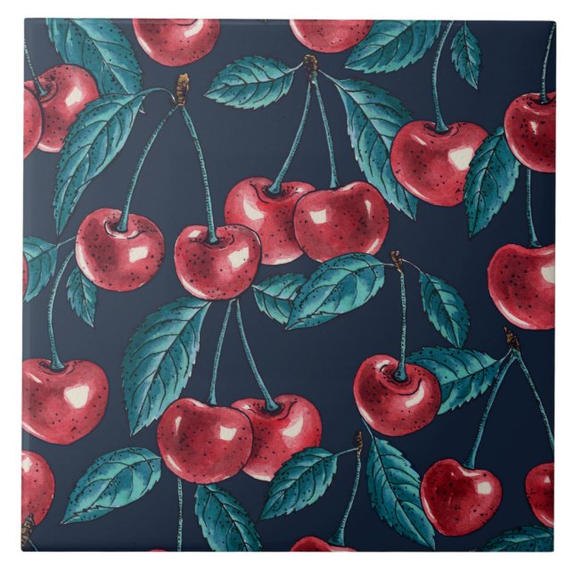 Red cherries on dark blue tile (Front)