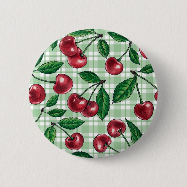Red cherries on light green gingham 6 cm round badge (Front)