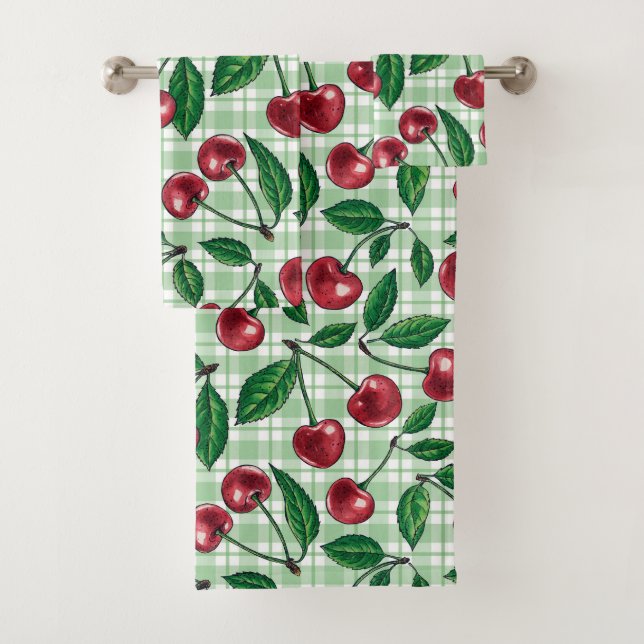 Red cherries on light green gingham bath towel set (Insitu)