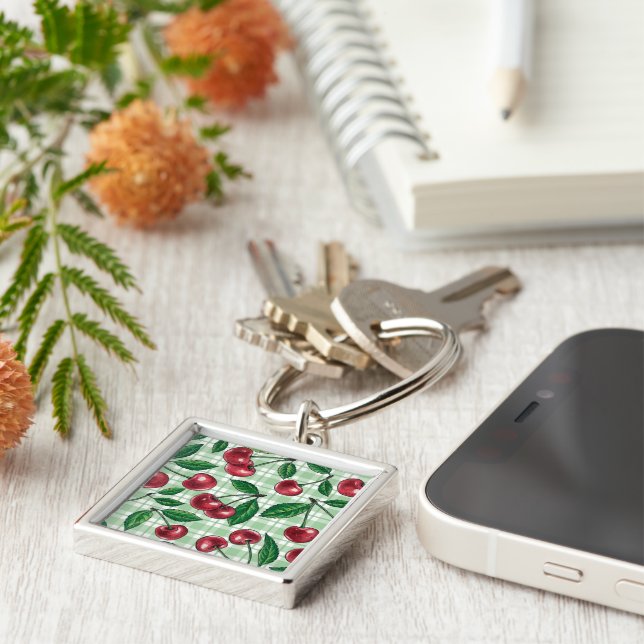 Red cherries on light green gingham key ring (Side)
