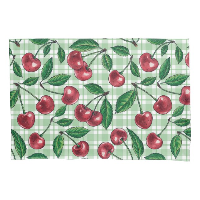 Red cherries on light green gingham pillowcase (Front-Left)