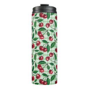 Red cherries on light green gingham thermal tumbler