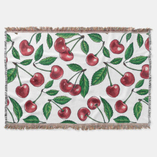 Red cherries on light green gingham throw blanket