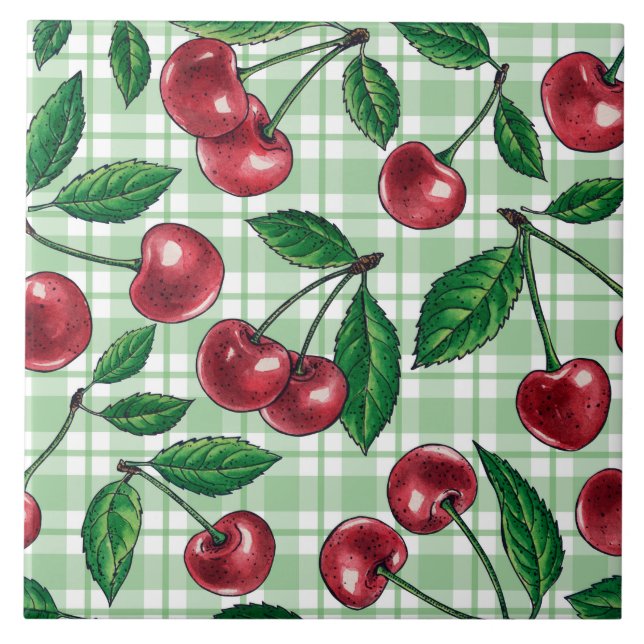 Red cherries on light green gingham tile (Front)