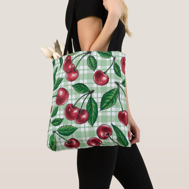 Red cherries on light green gingham tote bag (Close Up)