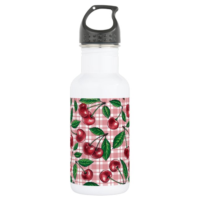 Red cherries on pink gingham 532 ml water bottle (Front)