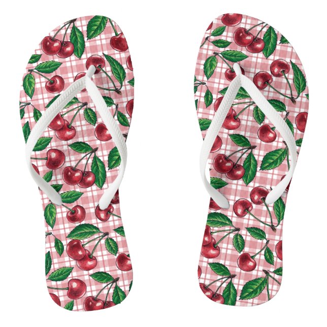 Red cherries on pink gingham flip flops (Footbed)
