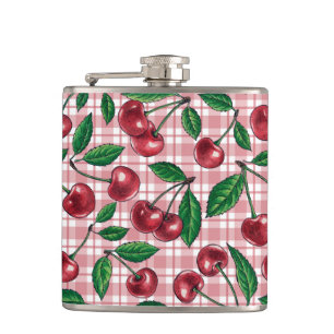 Red cherries on pink gingham hip flask