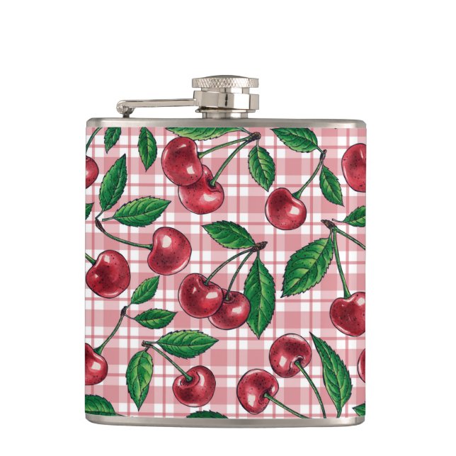 Red cherries on pink gingham hip flask (Front)