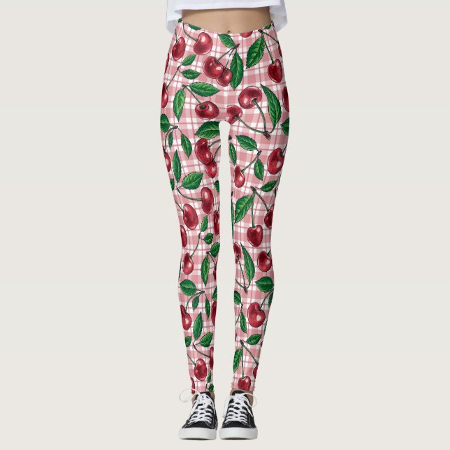 Red cherries on pink gingham leggings (Front)
