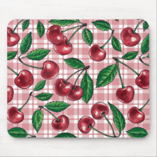 Red cherries on pink gingham mouse mat