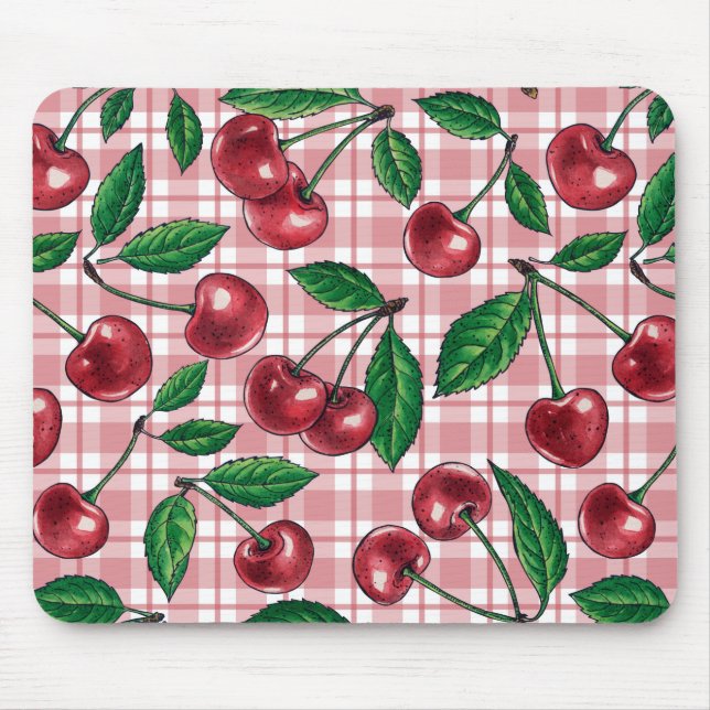 Red cherries on pink gingham mouse mat (Front)