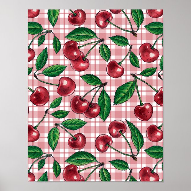 Red cherries on pink gingham poster (Front)