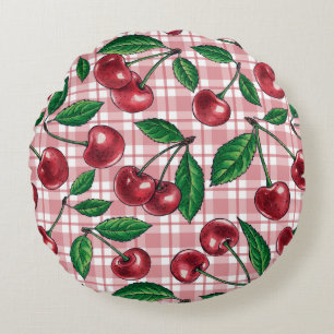 Red cherries on pink gingham round cushion