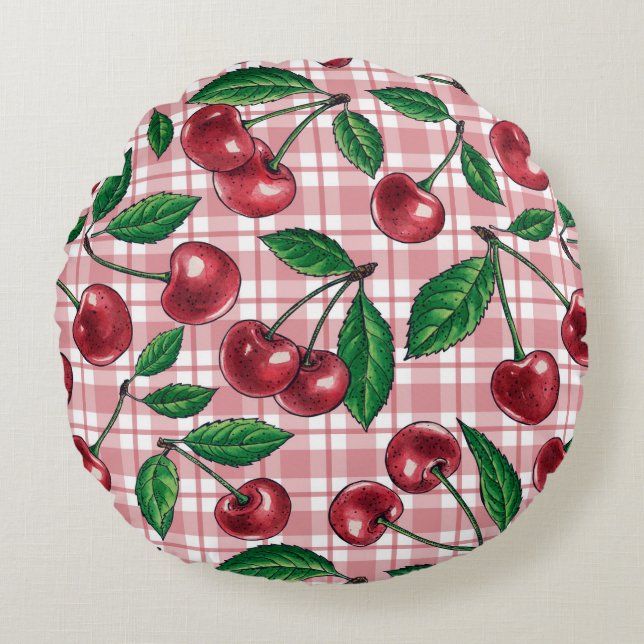 Red cherries on pink gingham round cushion (Front)