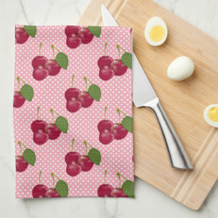 Red Cherries on Pink with White Dots Cute Tea Towel
