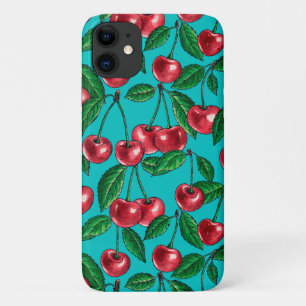 Red cherries on turquoise iPhone 11 case