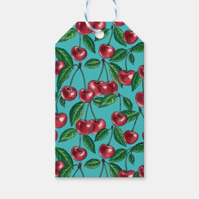 Red cherries on turquoise gift tags (Front)
