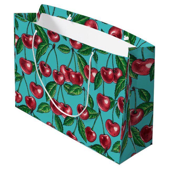 Red cherries on turquoise large gift bag (Back Angled)