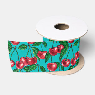 Red cherries on turquoise satin ribbon