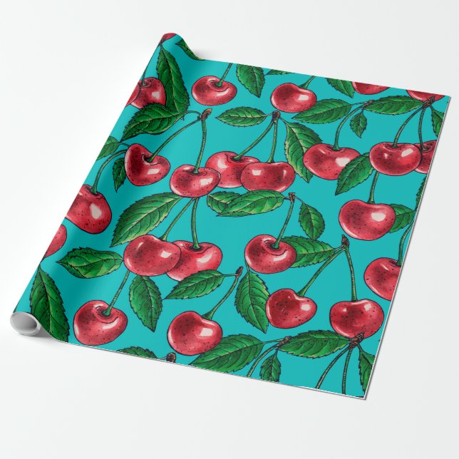 Red cherries on turquoise wrapping paper (Unrolled)