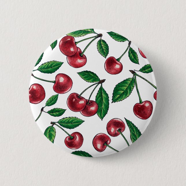 Red cherries on white 6 cm round badge (Front)
