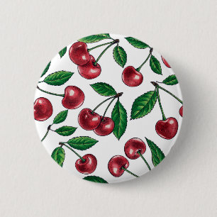 Red cherries on white 6 cm round badge