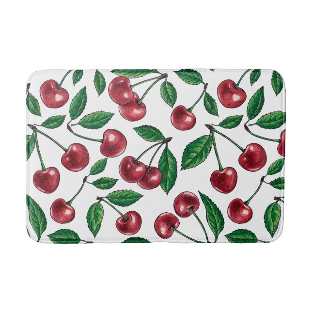Red cherries on white bath mat (Front)