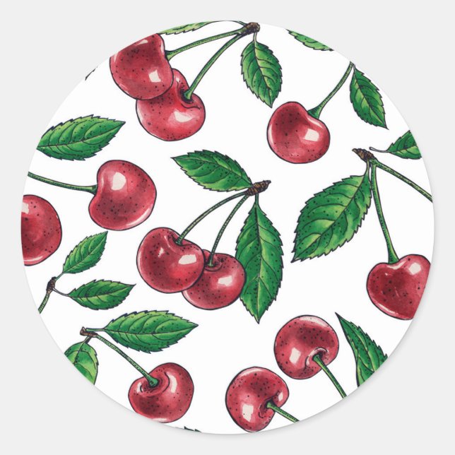 Red cherries on white classic round sticker (Front)