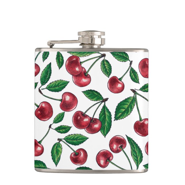 Red cherries on white hip flask (Front)