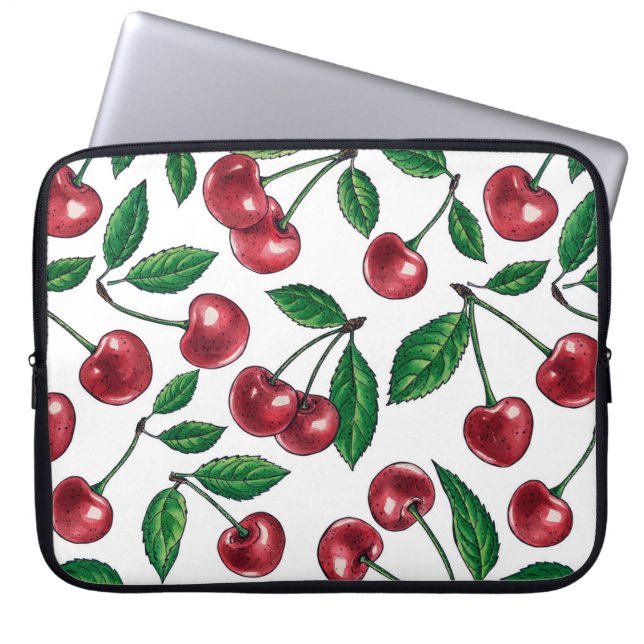 Red cherries on white laptop sleeve (Front)