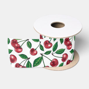 Red cherries on white satin ribbon