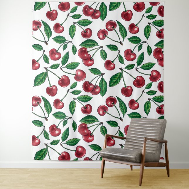 Red cherries on white tapestry (In Situ)