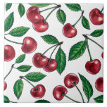 Red cherries on white tile<br><div class="desc">Hand painted cherry fruit,  watercolor and ink pattern</div>