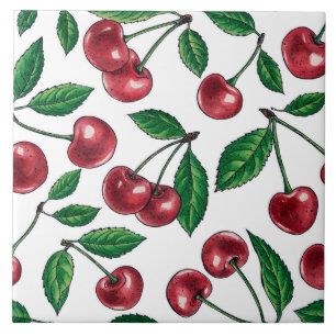 Red cherries on white tile