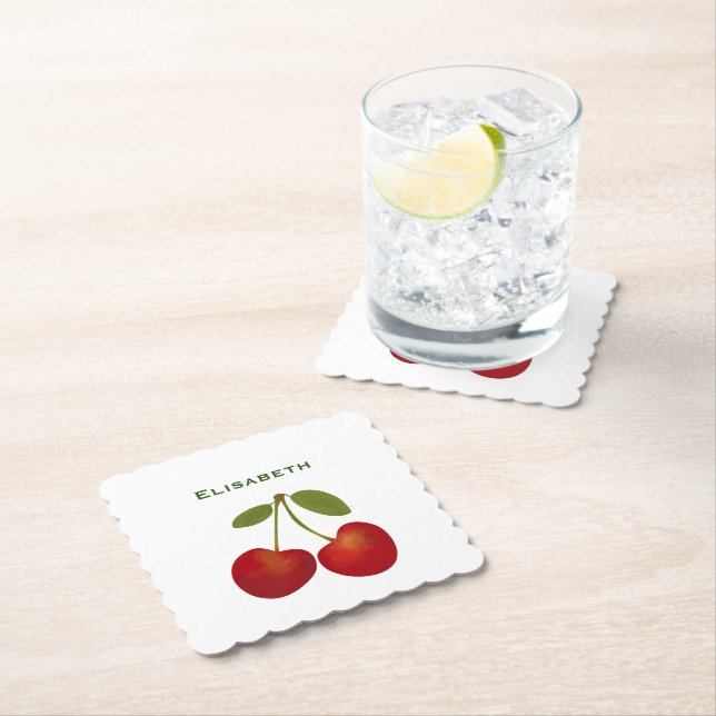 Red Cherries Personalise Custom Name Birthday  Paper Coaster (Insitu)
