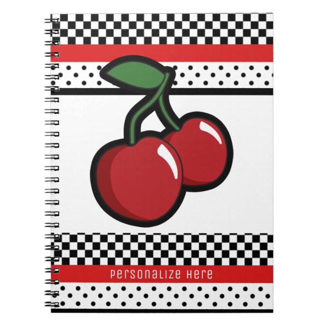 Red Cherries Red Black & White Retro Custom Notebook (Front)