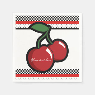 Red Cherries Retro Black & Red Custom Party Napkin