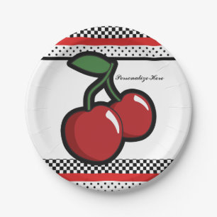 Red Cherries Retro Glam Black & Red Party Paper Plate