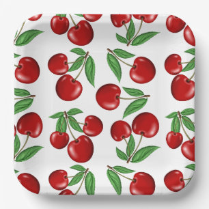 Red Cherries Retro Style Graphic Print Paper Plate
