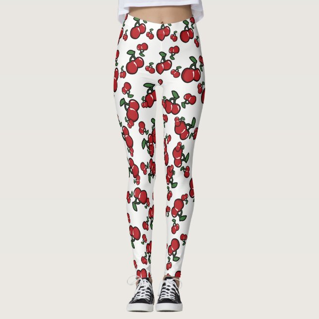 Red Cherries & White (Any Colour) Cute Fruit Leggings (Front)