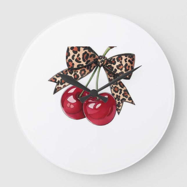Red Cherries with Leopard Bow – Illustration Co Large Clock (Front)