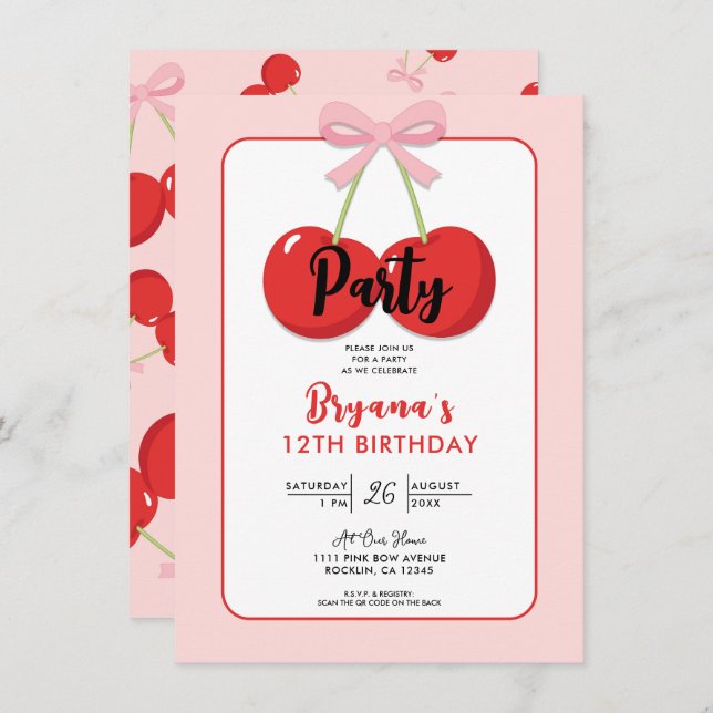 Red Cherries with Pink Bow Coquette Birthday Party Invitation (Front/Back)