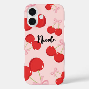Red Cherries with Pink Bow Coquette Cottage Chic iPhone 16 Case