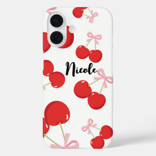 Red Cherries with Pink Bow Coquette Cottage Chic iPhone 16 Case