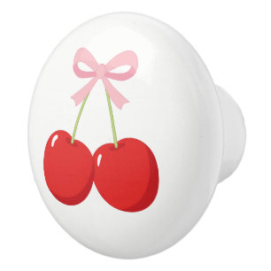 Red Cherries with Pink Bow Coquette Cottage Chic Ceramic Knob