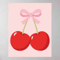 Red Cherries with Pink Bow Coquette Cottage Chic