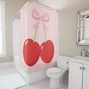 Red Cherries with Pink Bow Coquette Cottage Chic Shower Curtain