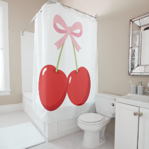 Red Cherries with Pink Bow Coquette Cottage Chic Shower Curtain