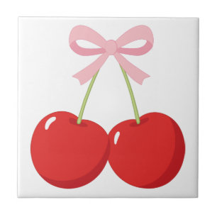 Red Cherries with Pink Bow Coquette Cottage Chic Tile
